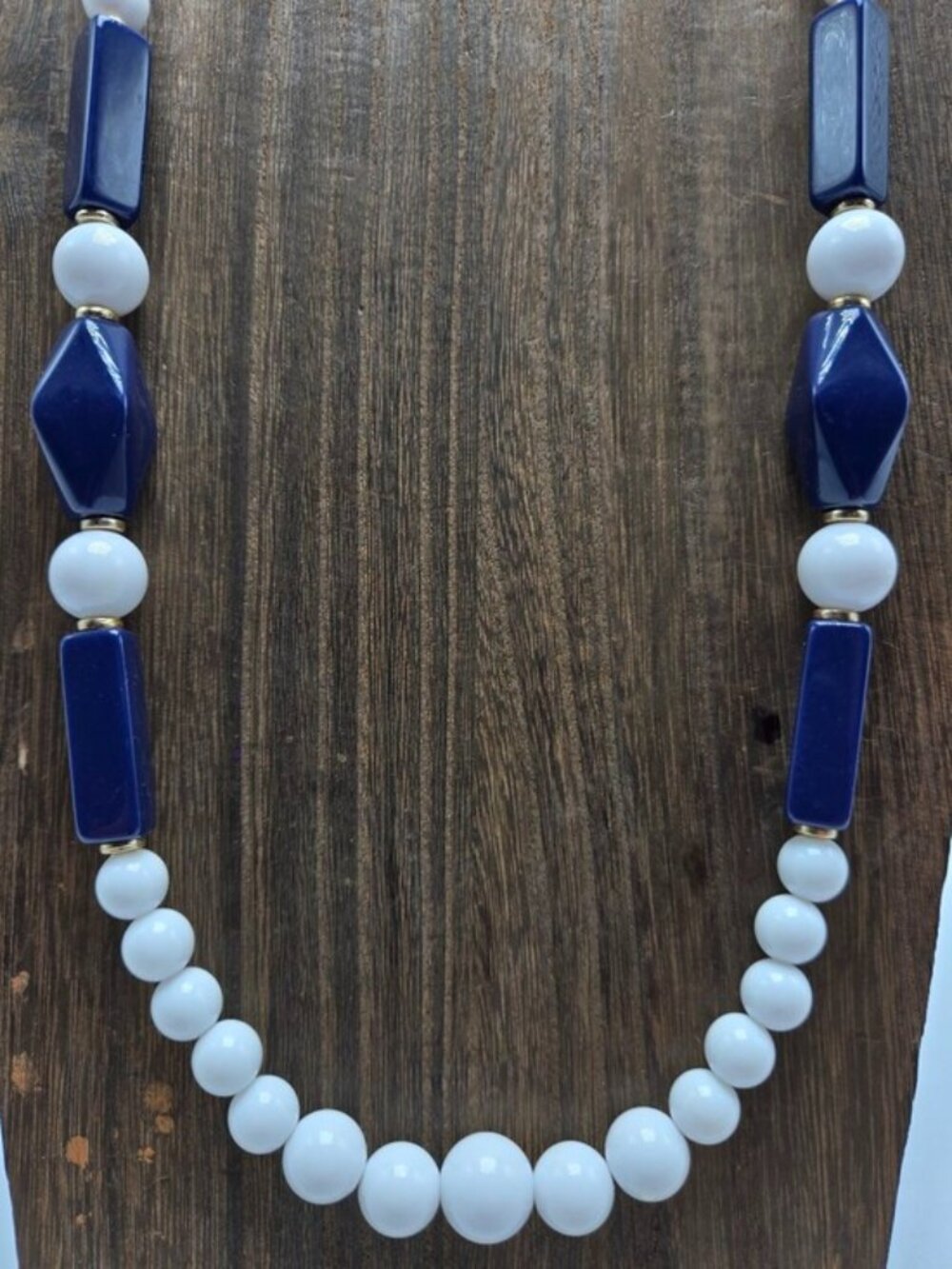 NWT 80's Navy White Beaded Necklace Gold Tone Spacers Single Strand Statement